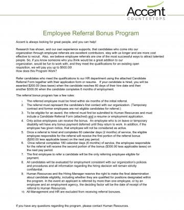 Employee Referral Bonus Program - Accent Countertops